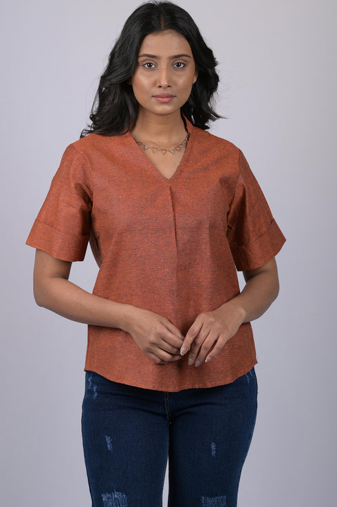 Party wear top for women western wear stylish top for women party marriage and anniversary Rust Colour V-Neck Top With Collar (OTL-TPS1043)